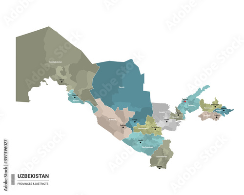 Uzbekistan higt detailed map with subdivisions. Administrative map of Uzbekistan with districts and cities name, colored by states and administrative districts. Vector illustration. photo