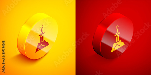 Isometric Sword in the stone icon isolated on orange and red background. Excalibur the sword in the stone from the Arthurian legends. Circle button. Vector.