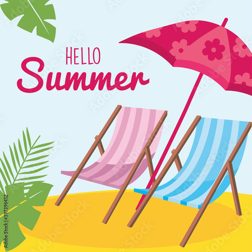 hello summer sun chairs with umbrella vector design