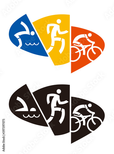  Triathlon logo, emblem. Illustration of colorful and black icon with triathlon athletes. Vector available.