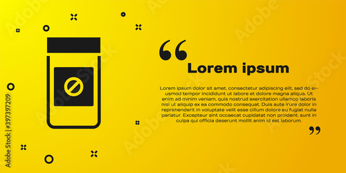 Black Sports doping, anabolic drugs icon isolated on yellow background. Anabolic steroids tablet. Pills in jar. Vector.