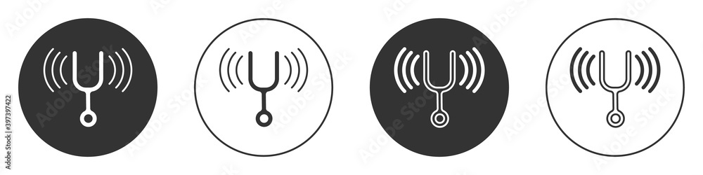 Black Musical tuning fork for tuning musical instruments icon isolated on white background. Circle button. Vector. Black Musical tuning fork for tuning musical instruments icon isolated on white background. Circle button. Vector.
