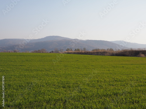 Peaceful Silesian Beskid Mountains range seen from sport airfield in european Bielsko-Biala city in Poland, clear blue sky in 2020 warm sunny spring day on April.
