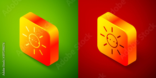Isometric Solar energy panel icon isolated on green and red background. Sun with lightning symbol. Square button. Vector.