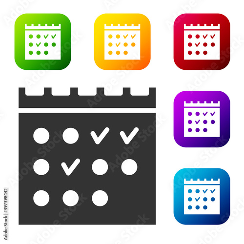 Black Hotel booking calendar icon isolated on white background. Set icons in color square buttons. Vector.