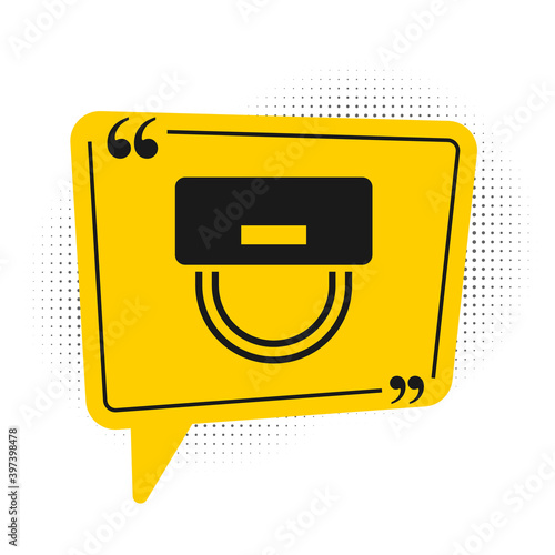 Black Bellboy hat icon isolated on white background. Hotel resort service symbol. Yellow speech bubble symbol. Vector.