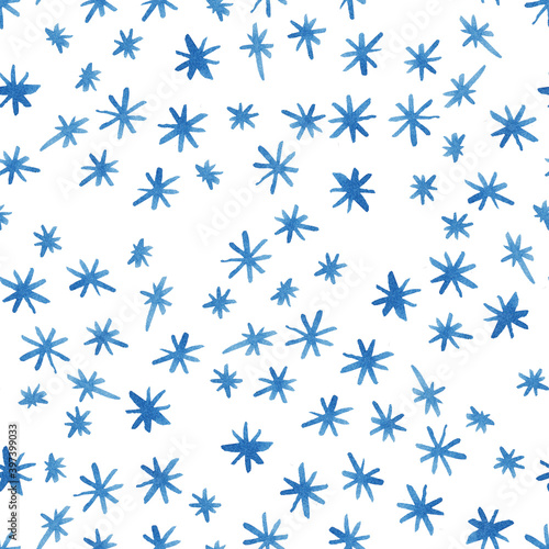 Seamless background with randomly arranged small blue stars or snowflakes. Idea for tesktile, napkins, packaging. Picture in high resolution 5000 * 5000 pixels