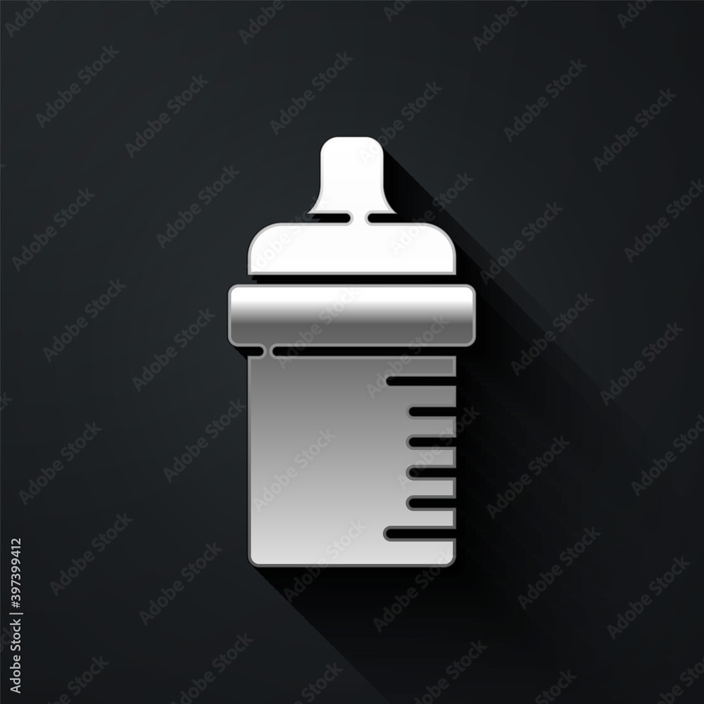 Silver Baby bottle icon isolated on black background. Feeding bottle icon. Milk bottle sign. Long shadow style. Vector. Silver Baby bottle icon isolated on black background. Feeding bottle icon. Milk bottle sign. Long shadow style. Vector.