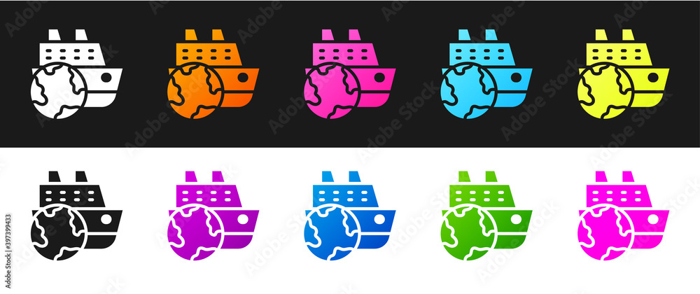 Set Cruise ship icon isolated on black and white background. Travel tourism nautical transport. Voyage passenger ship, cruise liner. Worldwide cruise. Vector. Set Cruise ship icon isolated on black and white background. Travel tourism nautical transport. Voyage passenger ship, cruise liner. Worldwide cruise. Vector.
