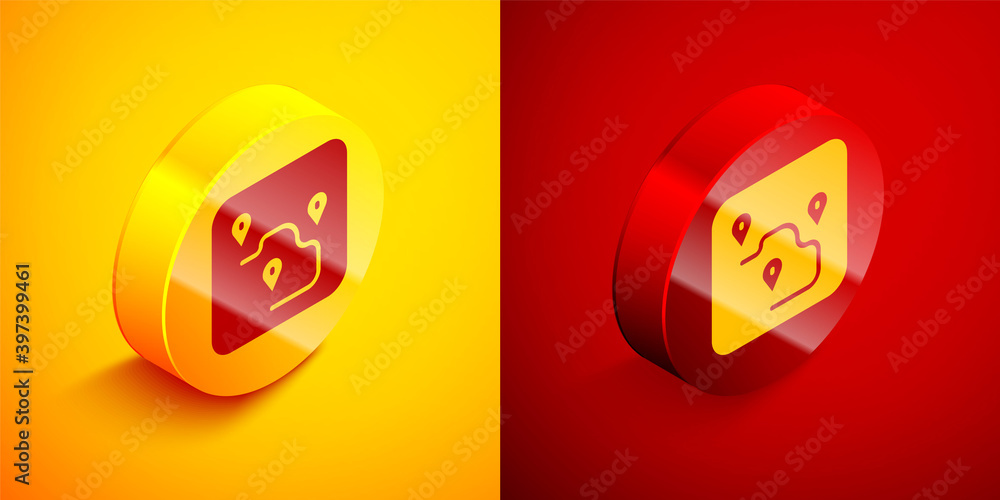 Isometric Route location icon isolated on orange and red background. Map pointer sign. Concept of path or road. GPS navigator. Circle button. Vector. Isometric Route location icon isolated on orange and red background. Map pointer sign. Concept of path or road. GPS navigator. Circle button. Vector.