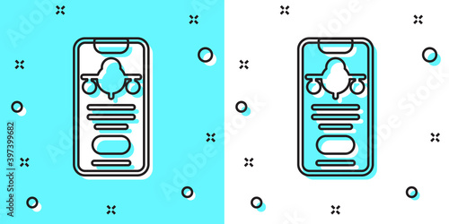 Black line Smartphone with electronic boarding pass airline ticket icon isolated on green and white background. Passenger plane mobile ticket for web and app. Random dynamic shapes. Vector.