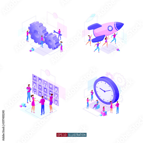 Trendy flat illustration set. Teamwork metaphor concept. Office workers planing business mechanism, analyze business strategy and exchange ideas. Template for design works. Vector graphics.