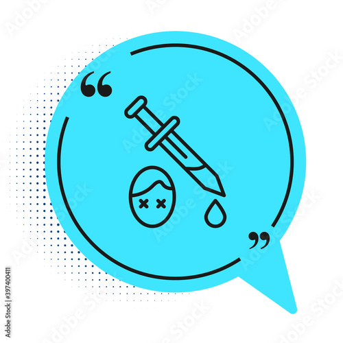 Black line Sword with blood icon isolated on white background. Medieval weapons knight and soldier. Symbol of murder. Blue speech bubble symbol. Vector.