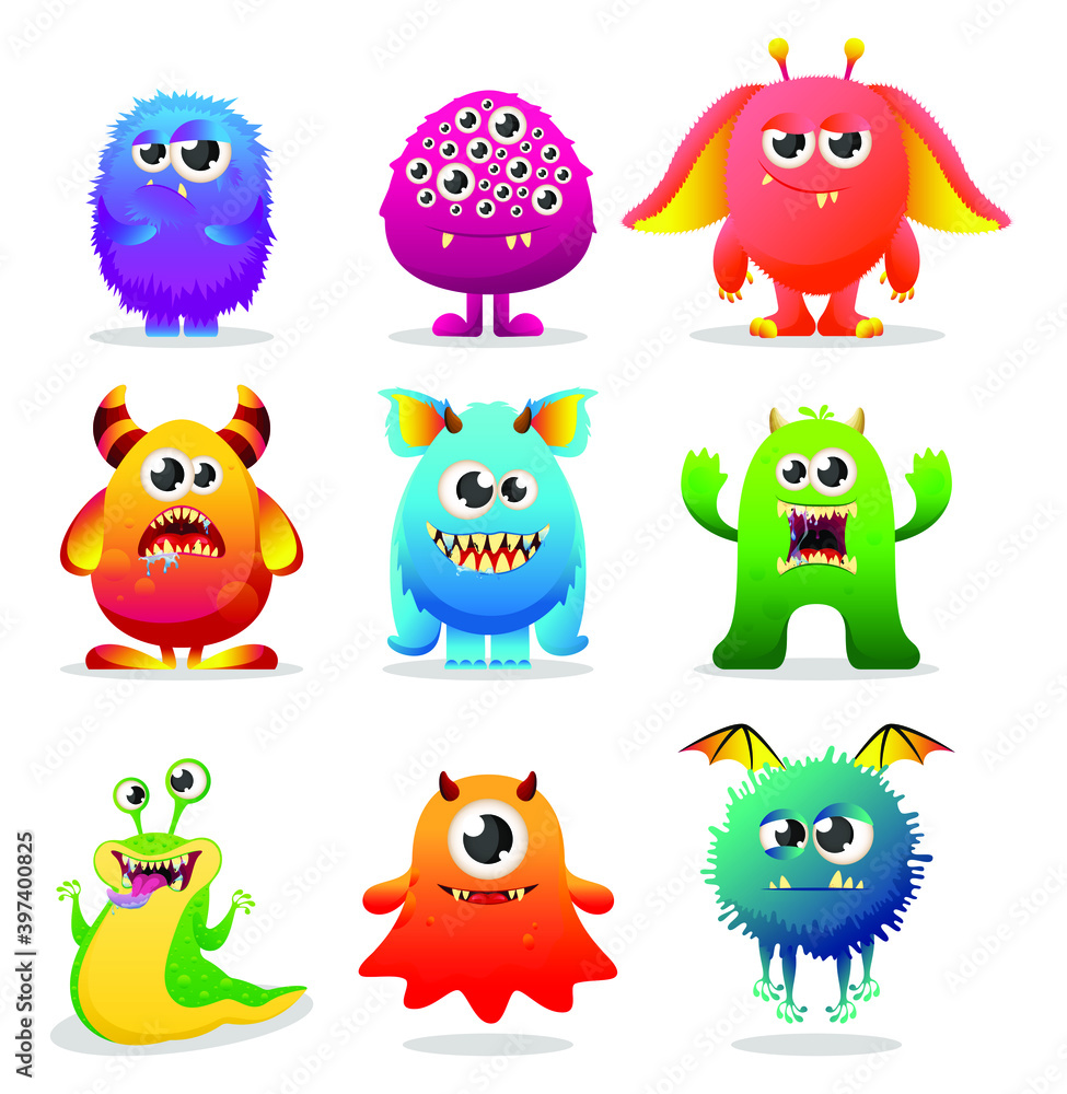 Set of cute cartoon colorful monsters with different emotions.Funny monsters big colorful collection with bull scared plant peanut Set of cute cartoon colorful monsters with different emotions.Funny monsters big colorful collection with bull scared plant peanut