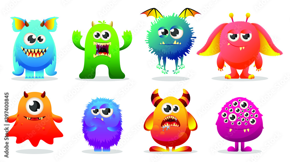 Set of cute cartoon colorful monsters. Cute cartoon Monsters. Set of cartoon monsters: goblin or troll, cyclops, ghost, monsters and aliens. Set of cute cartoon colorful monsters. Cute cartoon Monsters. Set of cartoon monsters: goblin or troll, cyclops, ghost, monsters and aliens.
