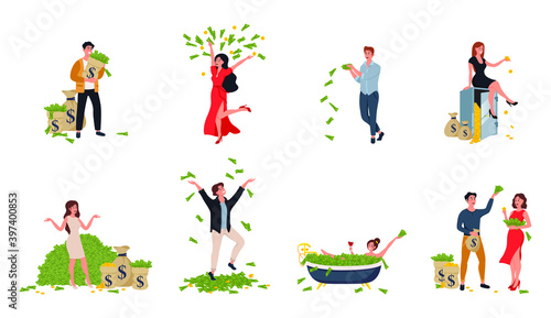 Concept of richness and poverty. Rich people flat cartoon comic elements set with wealthy woman bathing in millionaire man money