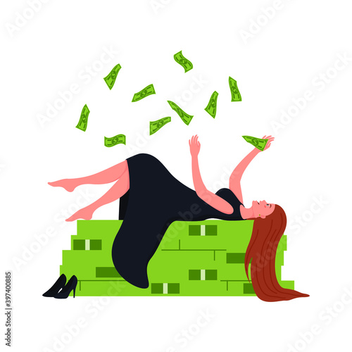 Millionaire girl lies on the money. Rich woman. Vector illustration wealthy businessman in financial stability set on white background