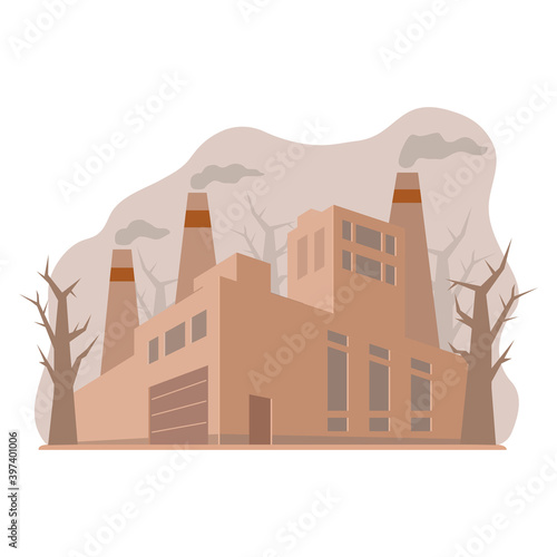 Industrial factory in perspective view. Air chimney pollution with smoke. Dioxide emissions into the atmosphere.Vector cartoon style.Industrial smog. Toxic factories building.