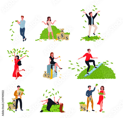 Rich people. Millionaire or banker happy cartoon character with bundles of money, throwing and jumping. Vector illustration EPS10