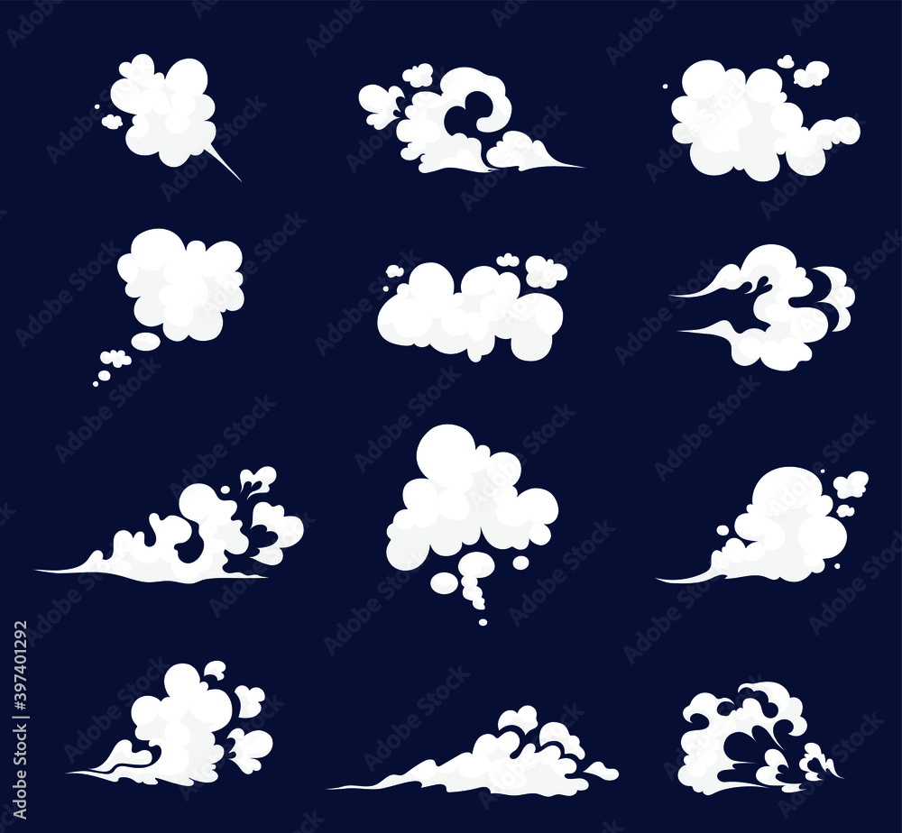 Set of stylized white clouds. Smoke illustration set for special effects template. Steam clouds, mist, fume, fog, dust, explosion