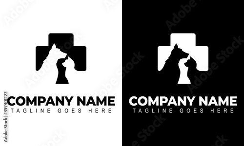 Dog Cat Veterinary Clinic Logo Template. Line symbols in negative, vector logo. Stylized silhouette cross incorporate with dog and cat. It's good for pet shop, clinic, care, or other pet activity.