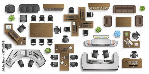 Office furniture. (top view) Desks, chairs, cabinets, sofas, computers, conference room, reception. (view from above)