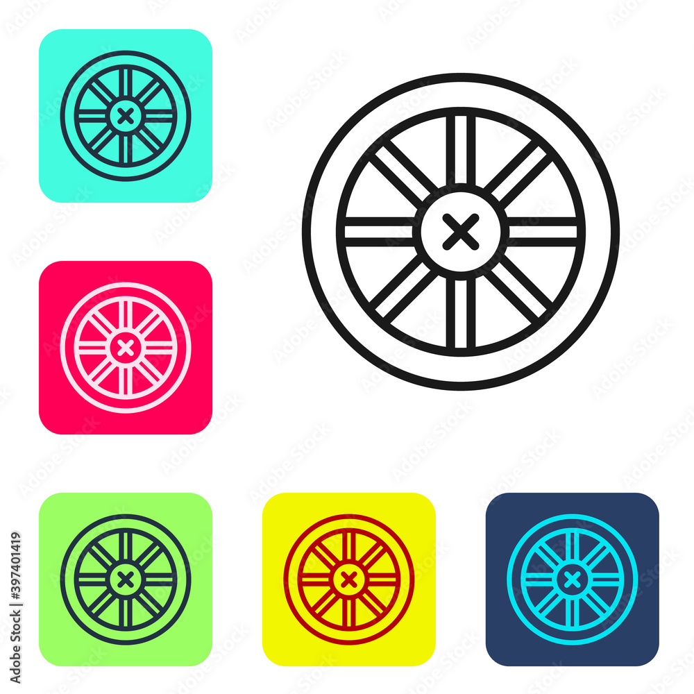 Black line Old wooden wheel icon isolated on white background. Set icons in color square buttons. Vector.