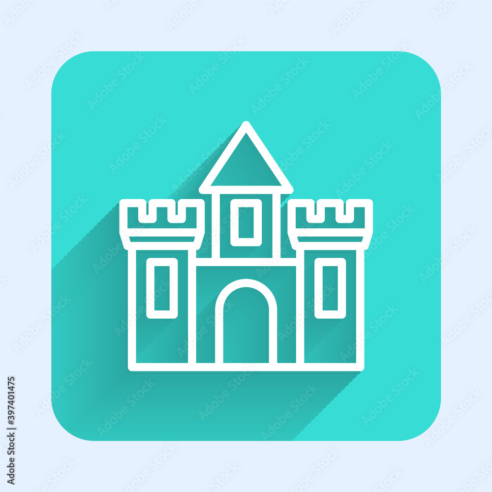 White line Castle icon isolated with long shadow. Medieval fortress with a tower. Protection from enemies. Reliability and defense of the city. Green square button. Vector. White line Castle icon isolated with long shadow. Medieval fortress with a tower. Protection from enemies. Reliability and defense of the city. Green square button. Vector.