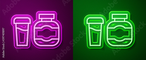 Glowing neon line Sports nutrition bodybuilding proteine power drink and food icon isolated on purple and green background. Vector.