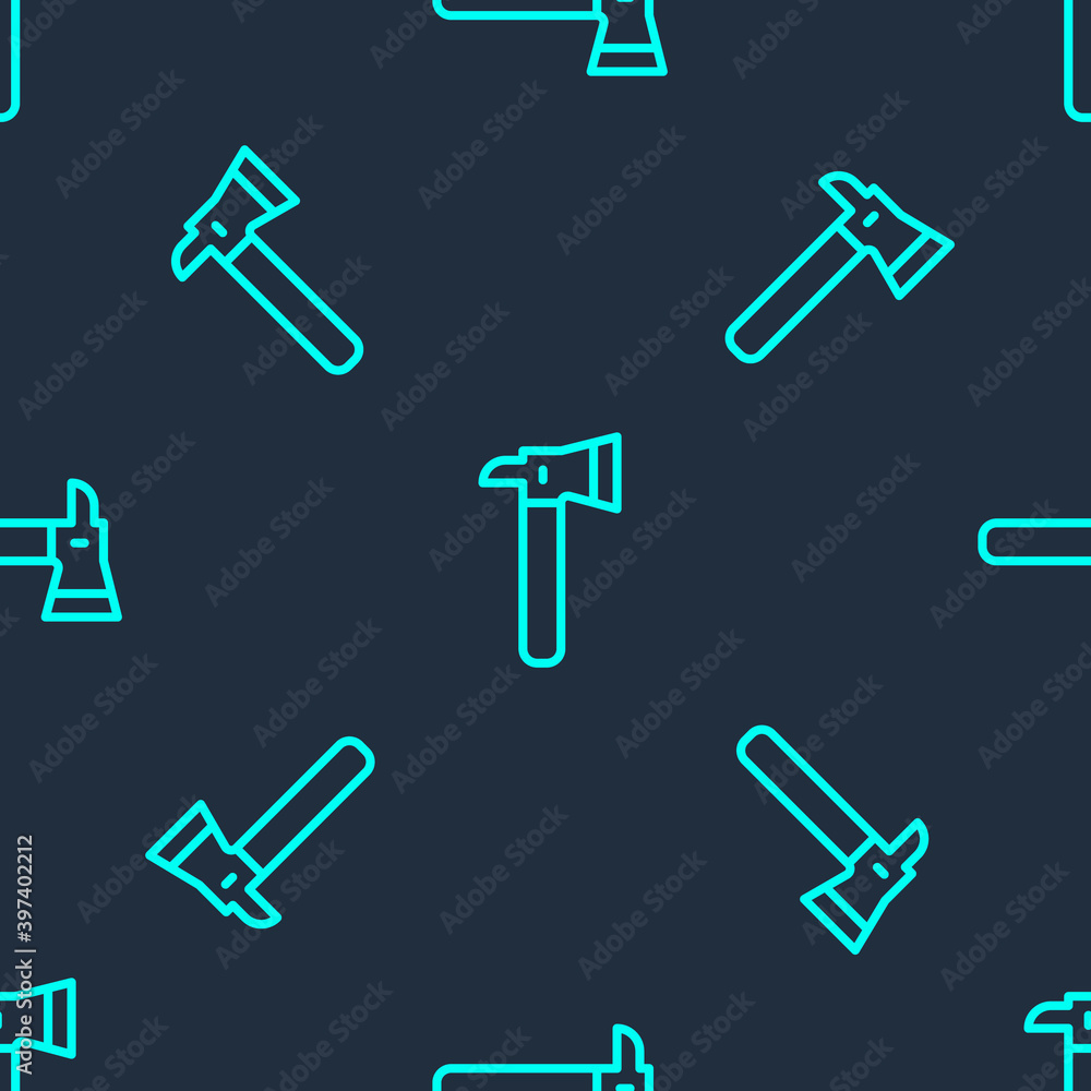 Green line Firefighter axe icon isolated seamless pattern on blue background. Fire axe. Vector. Green line Firefighter axe icon isolated seamless pattern on blue background. Fire axe. Vector.