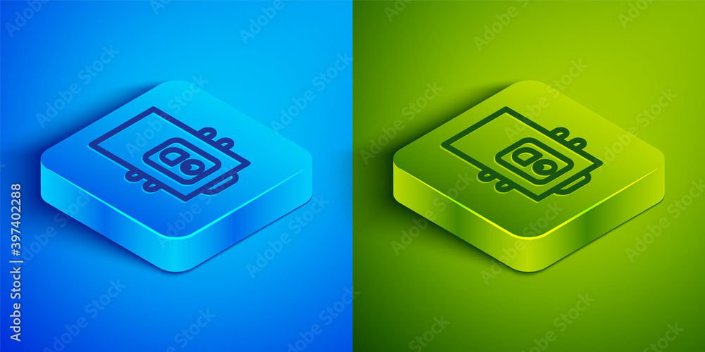 Isometric line Gas boiler with a burning fire icon isolated on blue and green background. Square button. Vector. Isometric line Gas boiler with a burning fire icon isolated on blue and green background. Square button. Vector.