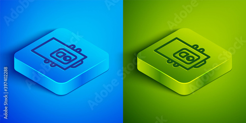 Isometric line Gas boiler with a burning fire icon isolated on blue and green background. Square button. Vector.