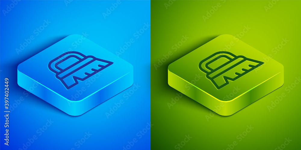 Isometric line Brush for cleaning icon isolated on blue and green background. Square button. Vector. Isometric line Brush for cleaning icon isolated on blue and green background. Square button. Vector.