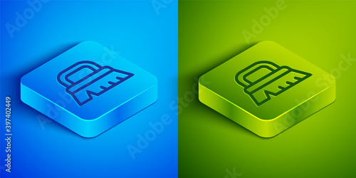 Isometric line Brush for cleaning icon isolated on blue and green background. Square button. Vector.
