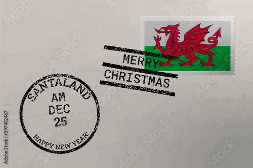 Postage stamp envelope with Wales flag and Christmas and New Year stamps, vector