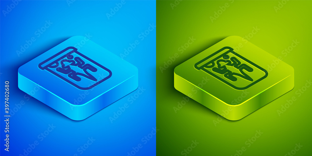 Isometric line Experimental animal icon isolated on blue and green background. Square button. Vector. Isometric line Experimental animal icon isolated on blue and green background. Square button. Vector.