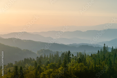 Gorce o świcie, widok ze szczytu Magurki, szczyty w porannych mgłach