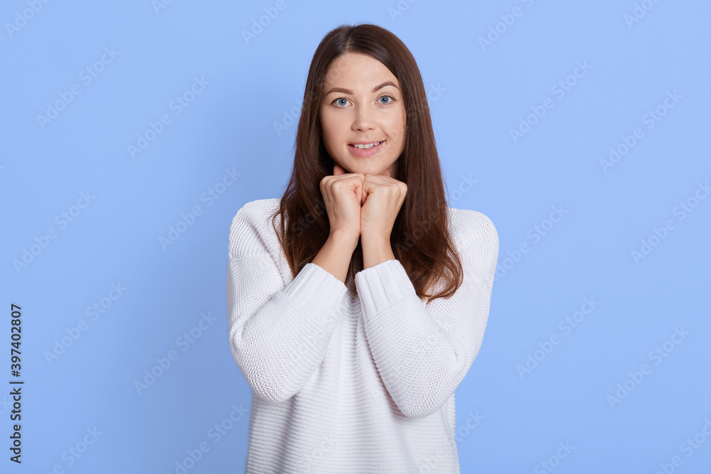 Portrait of charming girlfriend with dark hair, holding fists under chin and smiling broadly while staring focused at camera, waiting for something beautiful, posing over blue wall. Portrait of charming girlfriend with dark hair, holding fists under chin and smiling broadly while staring focused at camera, waiting for something beautiful, posing over blue wall.