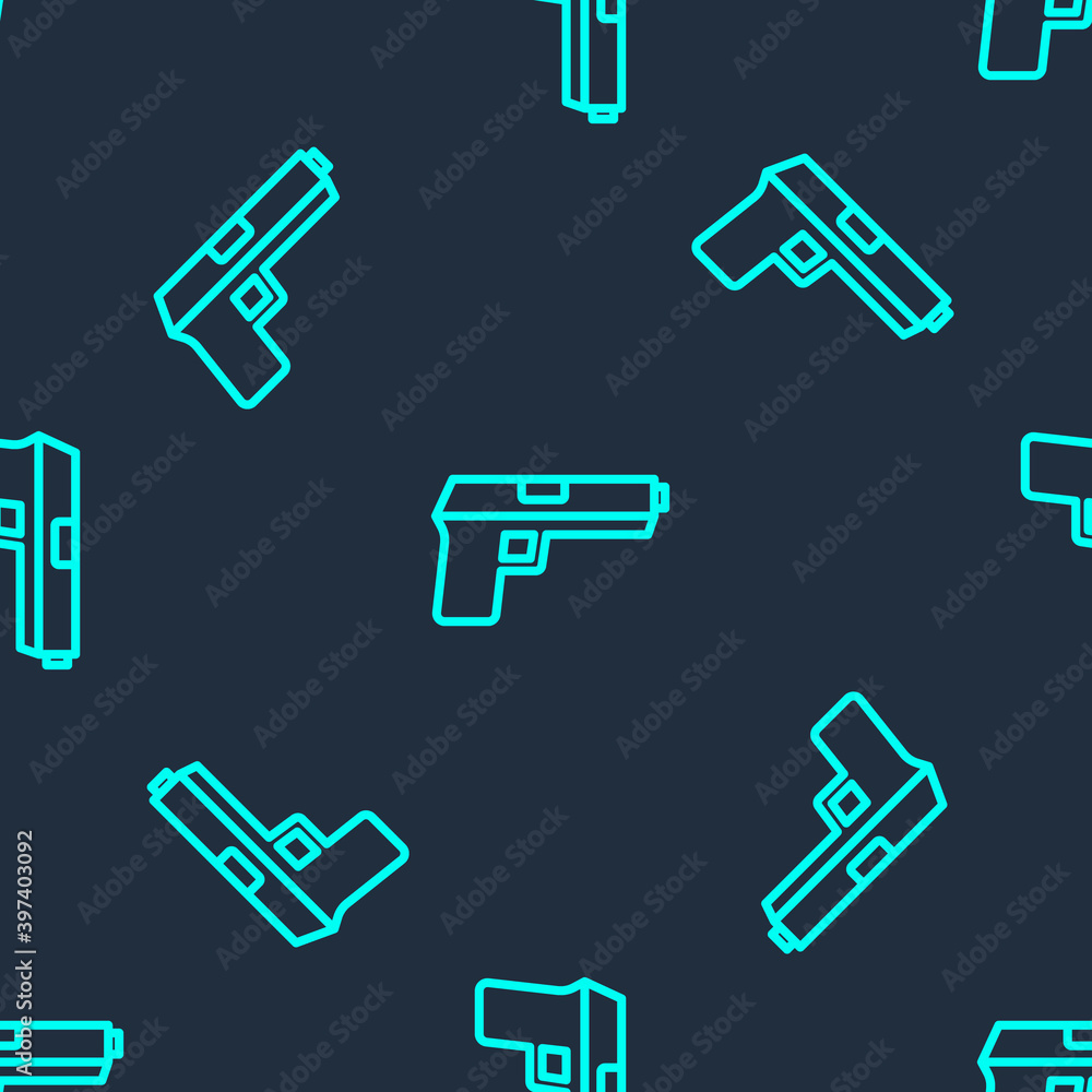 Green line Pistol or gun icon isolated seamless pattern on blue background. Police or military handgun. Small firearm. Vector. Green line Pistol or gun icon isolated seamless pattern on blue background. Police or military handgun. Small firearm. Vector.