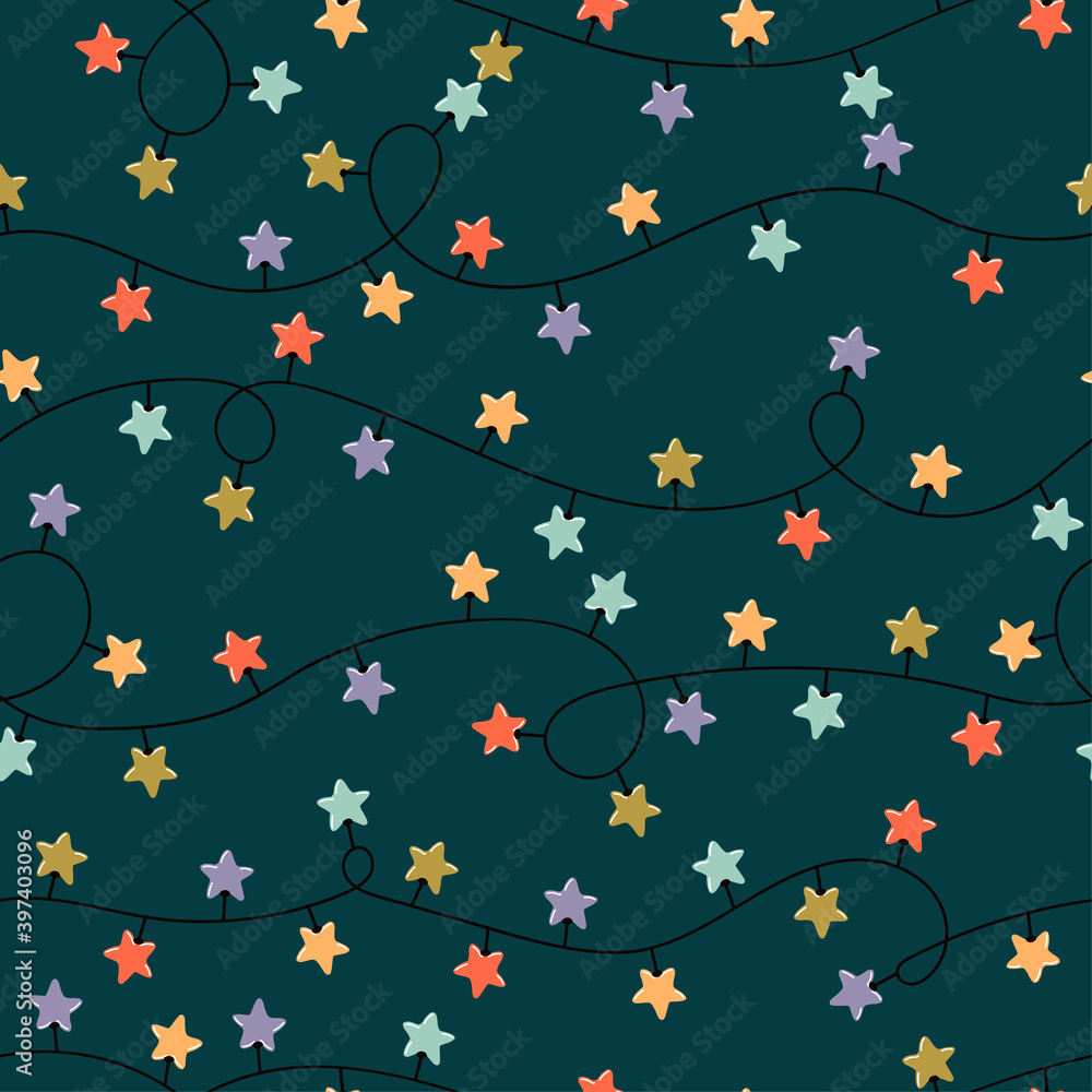 Fototapeta premium Vector modern colorful seamless background with illustrations of twinkle lights Christmas decorations. For wallpaper, textile print, web page, surface textures, wrapping paper, design of presentation