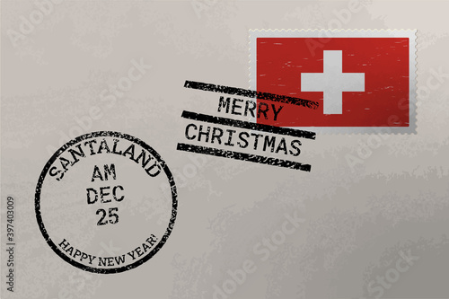 Postage stamp envelope with Swiss flag and Christmas and New Year stamps, vector