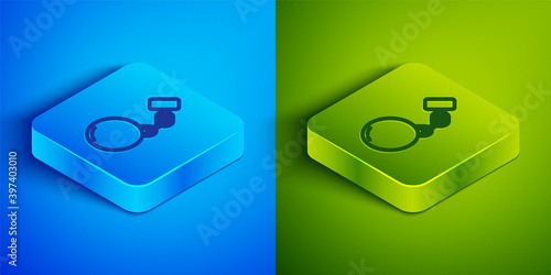Isometric line Ball on chain icon isolated on blue and green background. Square button. Vector.