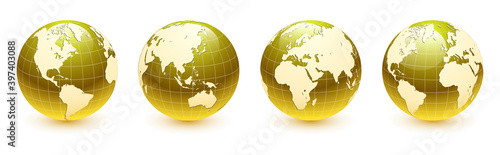 Earth globes 3D golden set, different views, realistic shiny icon with parallels and meridians, vector gold world spheres design. 