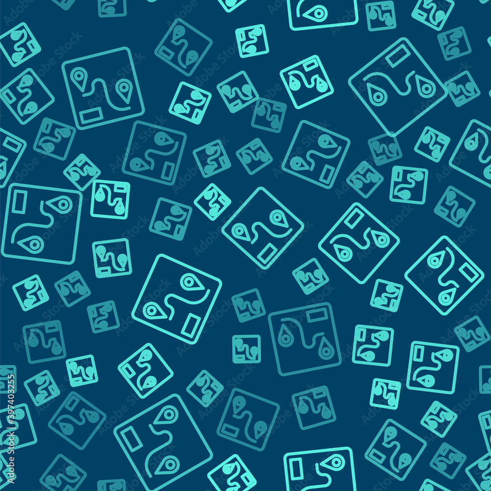 Green line Route location icon isolated seamless pattern on blue background. Train line path of train road route with start point GPS and dash line. Vector. Green line Route location icon isolated seamless pattern on blue background. Train line path of train road route with start point GPS and dash line. Vector.