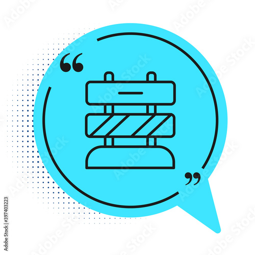 Black line End of railway tracks icon isolated on white background. Stop sign. Railroad buffer end to destination. Blue speech bubble symbol. Vector.