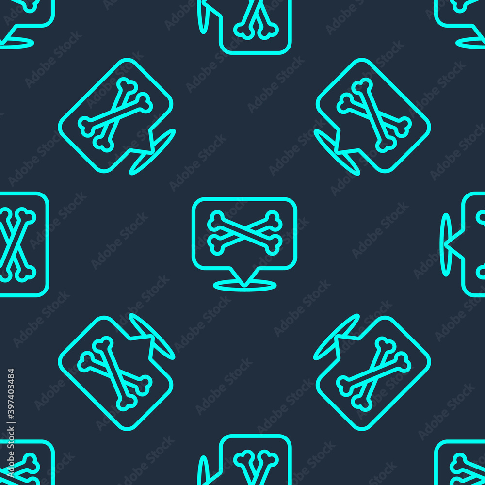 Green line Location pirate icon isolated seamless pattern on blue background. Vector.