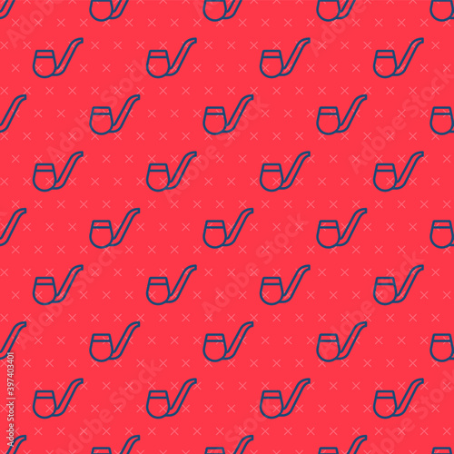 Blue line Smoking pipe with smoke icon isolated seamless pattern on red background. Tobacco pipe. Vector.