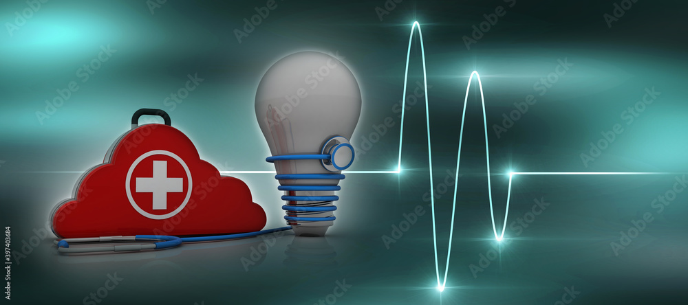 3d rendering First aid kit in cloud near Stethoscope connected cfl bulb 