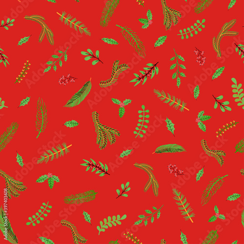 Vector modern seamless pattern with colorful hand draw illustration of Christmas plants. Use it for wallpaper, textile print, fills, web page, surface textures, wrapping paper, design of presentation