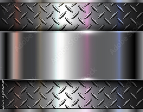 Background silver metallic, 3d chrome vector design with diamond plate sheet metal texture.
